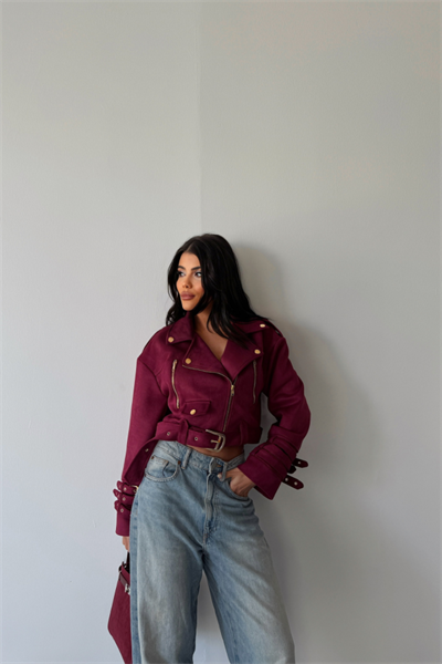 SÜET CROP CEKET KOL 3 KEMER DETAYLI - Bordo