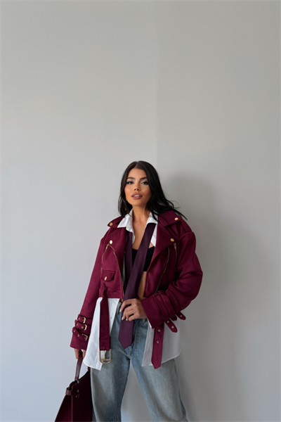 SÜET CROP CEKET KOL 3 KEMER DETAYLI - Bordo