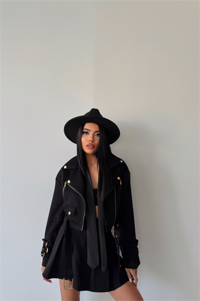 SÜET CROP CEKET KOL 3 KEMER DETAYLI - Siyah