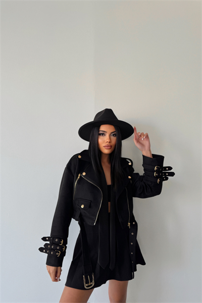 SÜET CROP CEKET KOL 3 KEMER DETAYLI - Siyah