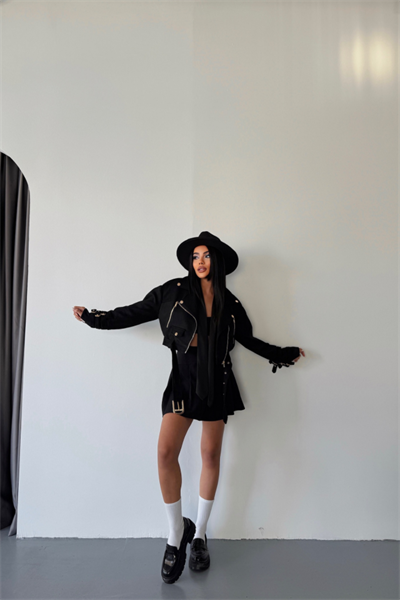 SÜET CROP CEKET KOL 3 KEMER DETAYLI - Siyah