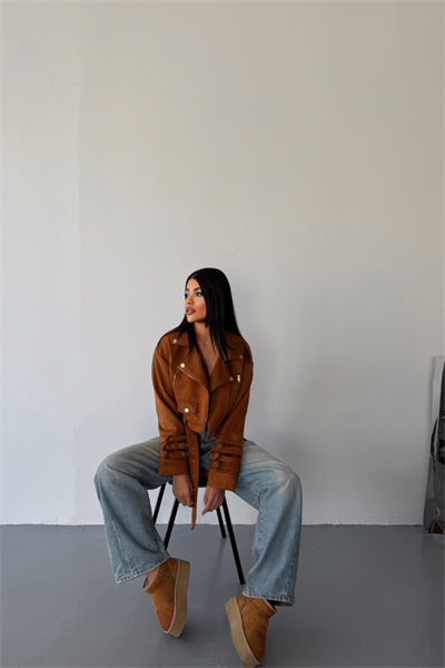 SÜET CROP CEKET KOL 3 KEMER DETAYLI - Taba