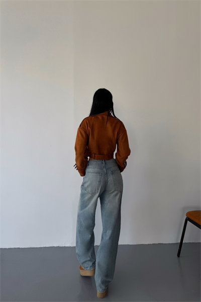 SÜET CROP CEKET KOL 3 KEMER DETAYLI - Taba