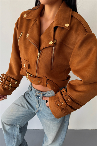 SÜET CROP CEKET KOL 3 KEMER DETAYLI - Taba