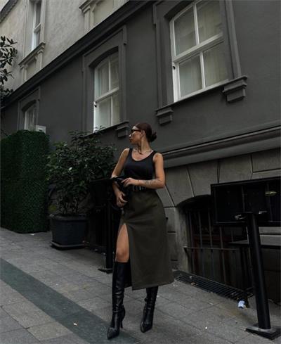 SÜET KALEM ETEK YIRTMAÇ DETAYLI - Haki