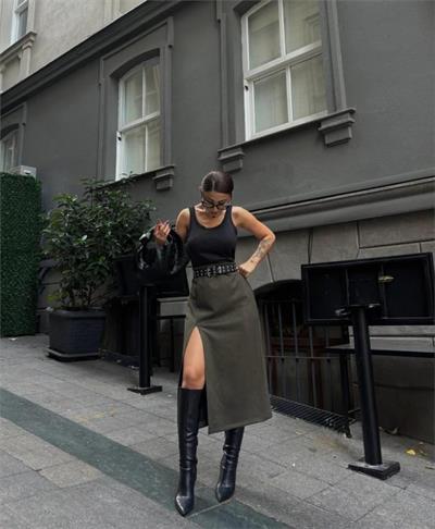 SÜET KALEM ETEK YIRTMAÇ DETAYLI - Haki