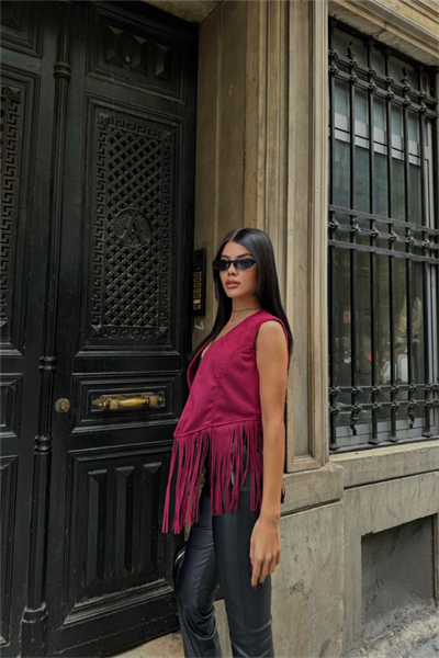 SÜET PÜSKÜLLÜ YELEK - Bordo