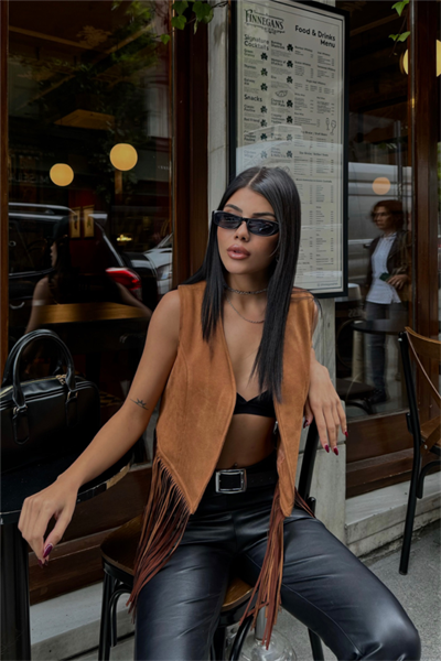 SÜET PÜSKÜLLÜ YELEK - Kahverengi