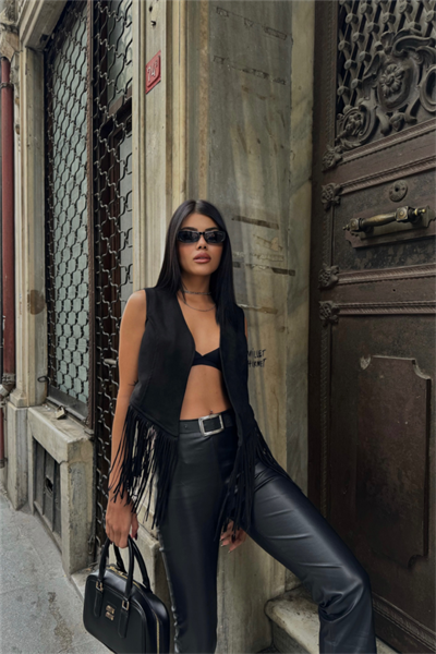 SÜET PÜSKÜLLÜ YELEK - Siyah