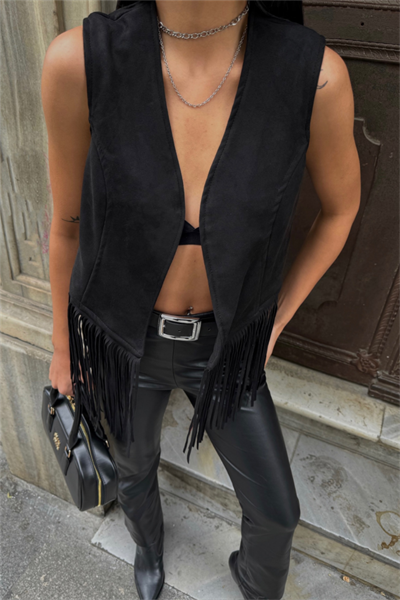 SÜET PÜSKÜLLÜ YELEK - Siyah