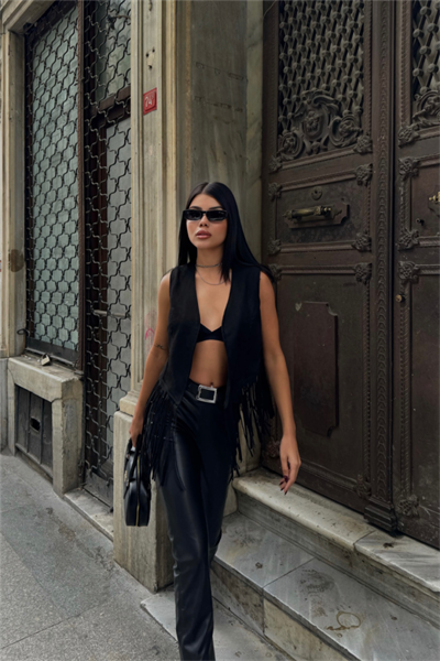 SÜET PÜSKÜLLÜ YELEK - Siyah