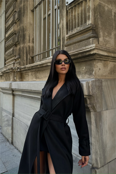 SÜET UZUN KABAN - Siyah