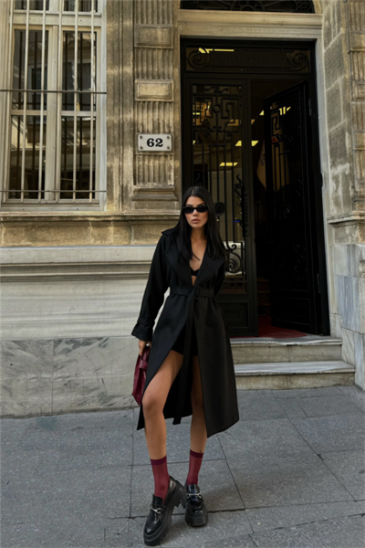 SÜET UZUN KABAN - Siyah