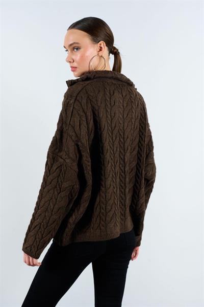 Saç Örgülü Fermuarlı Kazak - KAHVE