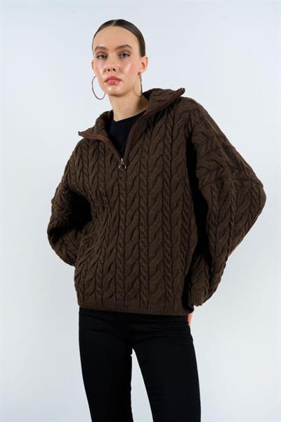 Saç Örgülü Fermuarlı Kazak - KAHVE