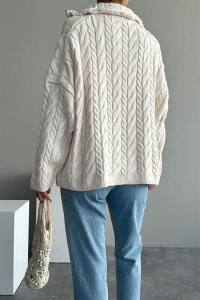 Saç Örgülü Fermuarlı Kazak - Krem