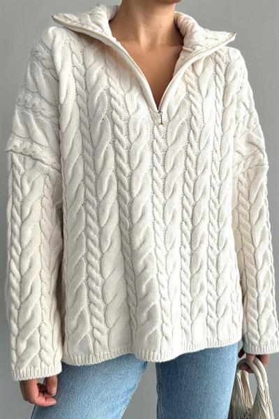 Saç Örgülü Fermuarlı Kazak - Krem