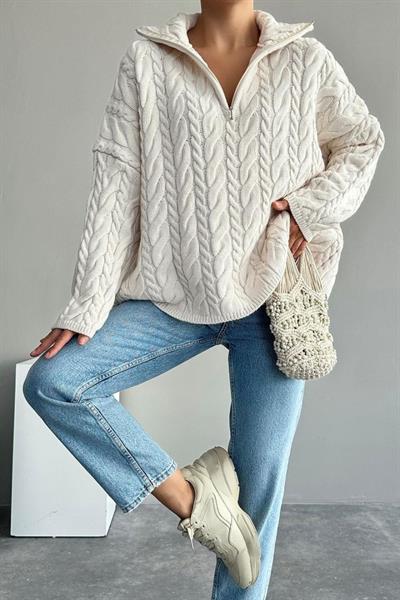 Saç Örgülü Fermuarlı Kazak - Krem