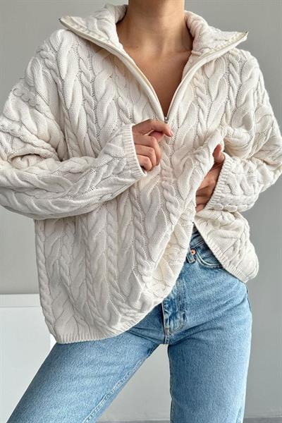 Saç Örgülü Fermuarlı Kazak - Krem