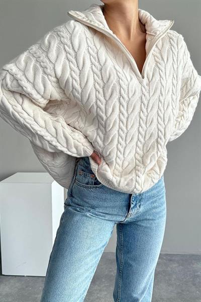 Saç Örgülü Fermuarlı Kazak - Krem