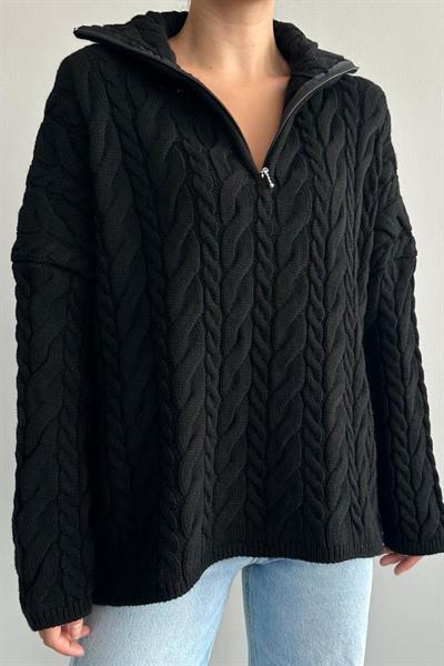 Saç Örgülü Fermuarlı Kazak - Siyah