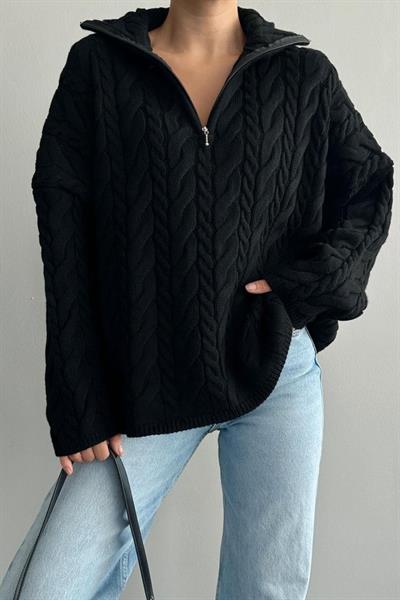 Saç Örgülü Fermuarlı Kazak - Siyah