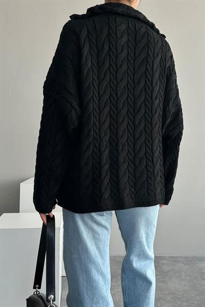 Saç Örgülü Fermuarlı Kazak - Siyah