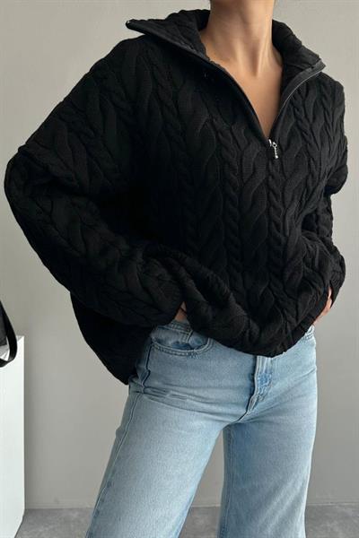 Saç Örgülü Fermuarlı Kazak - Siyah