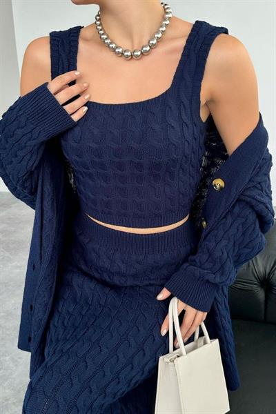 Saç Örgülü Üçlü Takım - Lacivert