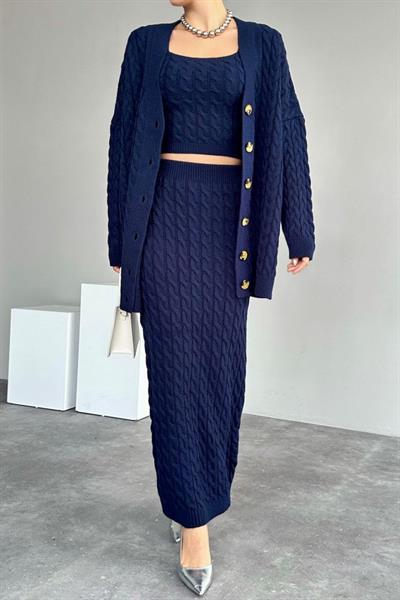 Saç Örgülü Üçlü Takım - Lacivert
