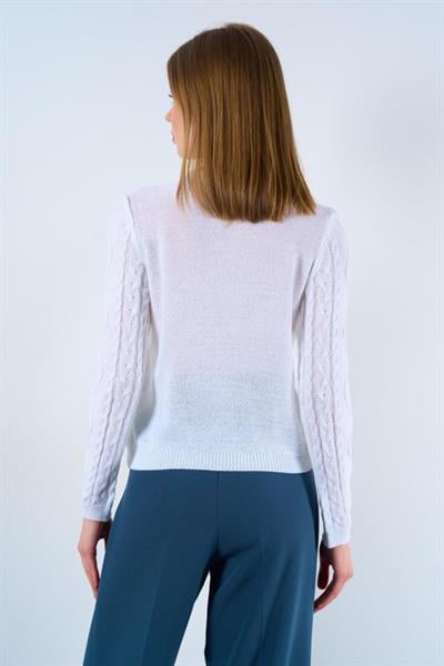 Saçl Örgülü Çiçekli Kazak - Optik Beyaz