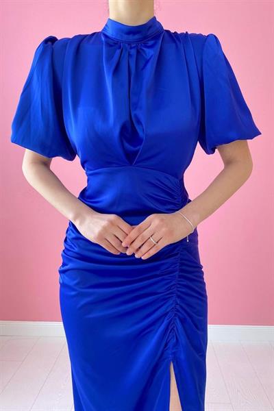 Saks Büzgülü Saten Elbise