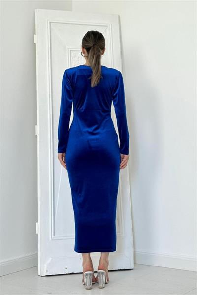 Saks Eteği Yırtmaçlı Kadife Elbise