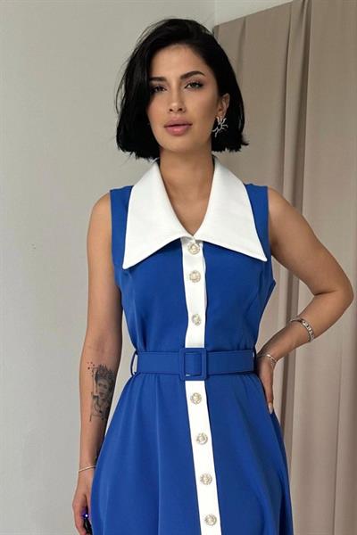 Saks Geniş Yakalı Halter Kollu Elbise