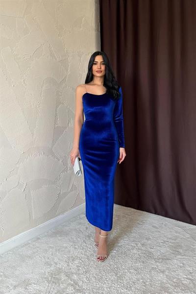 Saks Tek Omuzlu Taş Askılı Elbise