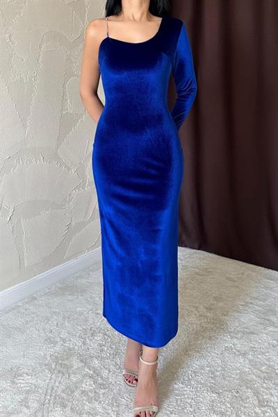 Saks Tek Omuzlu Taş Askılı Elbise