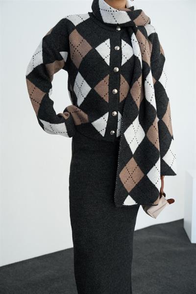 Şallı Etekli Takım - Koyu Antrasit-Vizon