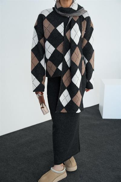 Şallı Etekli Takım - Koyu Antrasit-Vizon