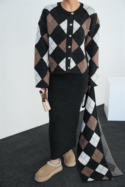 Şallı Etekli Takım - Koyu Antrasit-Vizon