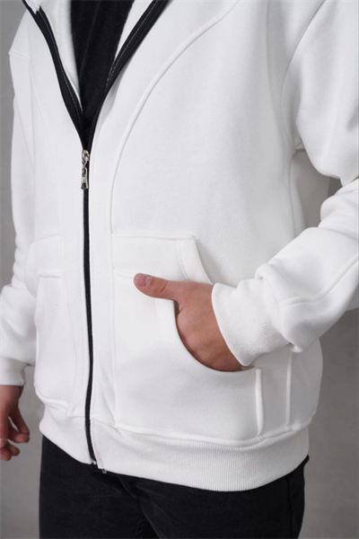 Samuray Kapşonlu ZIP Fermuarlı Çift Kapşonlu Nakışlı SweatShirt- Beyaz