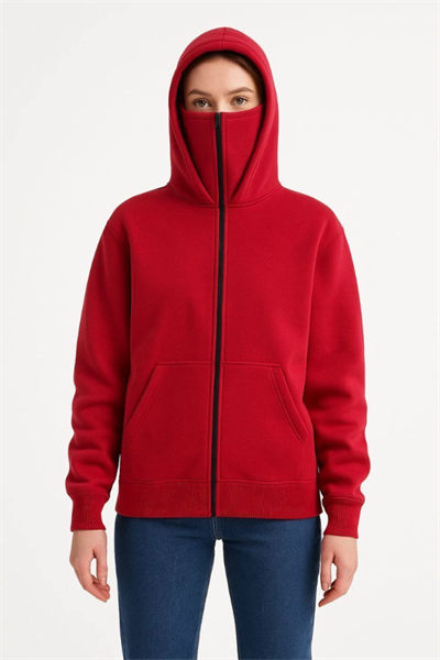 Samuray Ninja Çift Kapşonlu ZIP Fermuarlı Kanguru Çepli Hoodie Maske Detaylı Swetshirt - Kırmızı