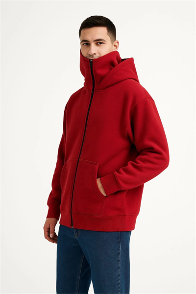 Samuray Ninja Çift Kapşonlu ZIP Fermuarlı Kanguru Çepli Tam Fermuarlı Hoodie Swetshirt - Kırmızı