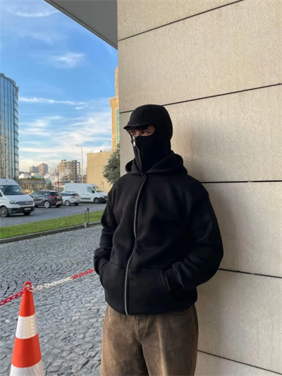 Samuray Ninja Çift Kapşonlu ZIP Fermuarlı Kanguru Çepli Tam Fermuarlı Hoodie Swetshirt - Siyah