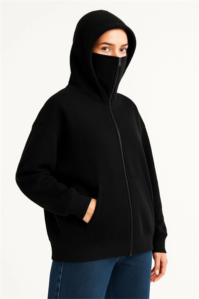 Samuray Ninja Çift Kapşonlu ZIP Fermuarlı Kanguru Çepli Hoodie Maske Detaylı Swetshirt - Siyah
