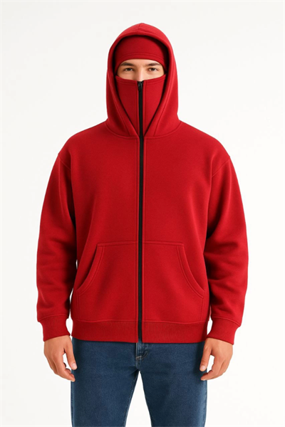Samuray Ninja Çift Kapşonlu ZIP Fermuarlı Kanguru Çepli Tam Fermuarlı Hoodie Swetshirt - Kırmızı