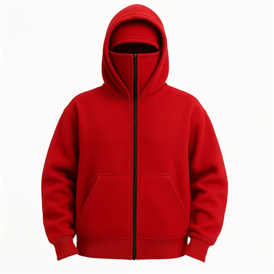 Samuray Ninja Çift Kapşonlu ZIP Fermuarlı Kanguru Çepli Hoodie Maske Detaylı Swetshirt - Kırmızı