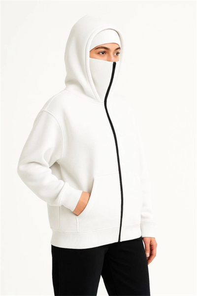Samuray Ninja Çift Kapşonlu ZIP Fermuarlı Kanguru Çepli Hoodie Maske Detaylı Swetshirt - Beyaz