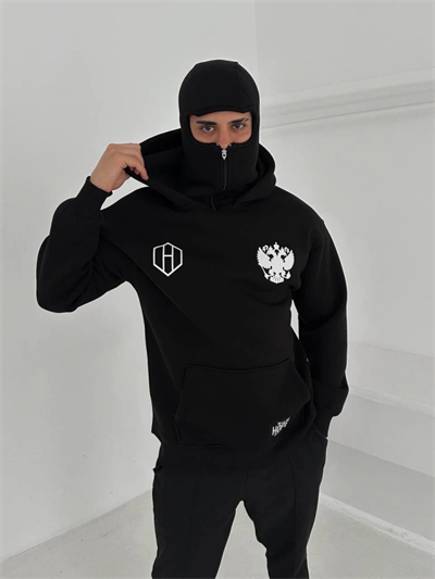 Samuray Ninja Çift Kapşonlu ZIP Fermuarlı Kanguru Çepli Tam Fermuarlı Hoodie ön Ve Arka Baskılı Maske Detaylı Swetshirt - Siyah