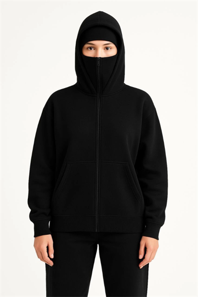 Samuray Ninja Çift Kapşonlu ZIP Fermuarlı Kanguru Çepli Hoodie Maske Detaylı Swetshirt - Siyah