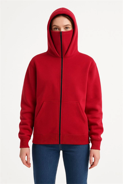 Samuray Ninja Çift Kapüşonlu Hoodie Oversize Kanguru Cepli, Bahar - Kışlık Fermuarlı Sweatshirt- Kırmızı
